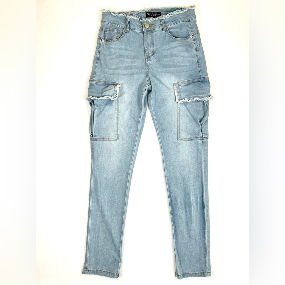 THRILL JEANS Vintage Distressed Cargo‎ Light Wash Denim Blue Jeans Juniors 5